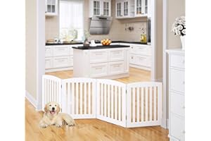 PAWLAND Wooden Freestanding Foldable Pet Gate for Dogs, 24 inch 4 Panels Step Over Fence, Dog Gate for The House, Doorway, Stairs, Extra Wide (White, 24" Height-4 Panels)