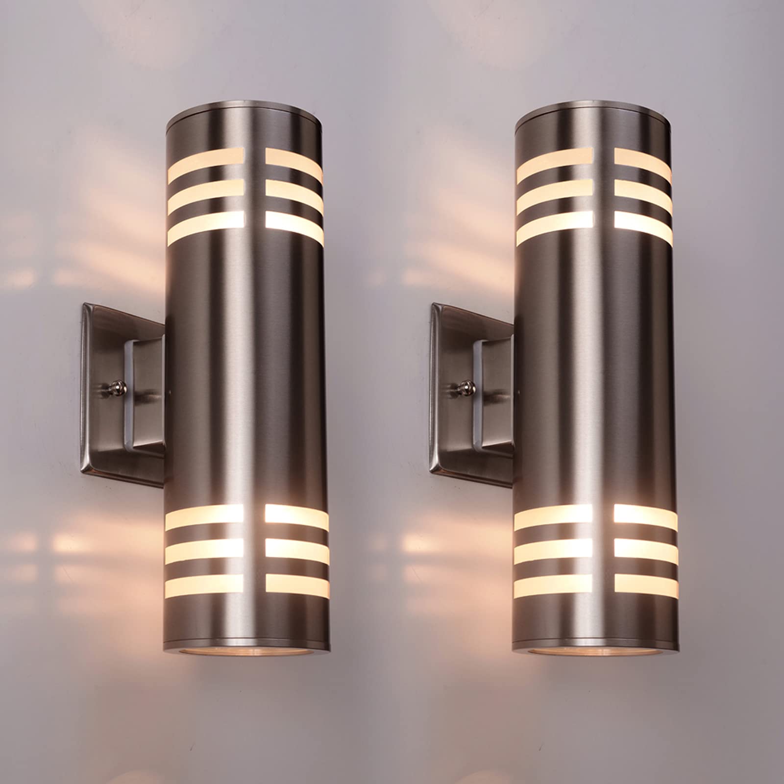 Photo 1 of 2 Pack Outdoor Wall Sconce, Waterproof Wall Light Fixture, Cylinder Porch Wall Mount Light with Stainless Steel 304, E27, 13" Height, UL Listed (Silver, Brushed Nickel, No Bulbs)