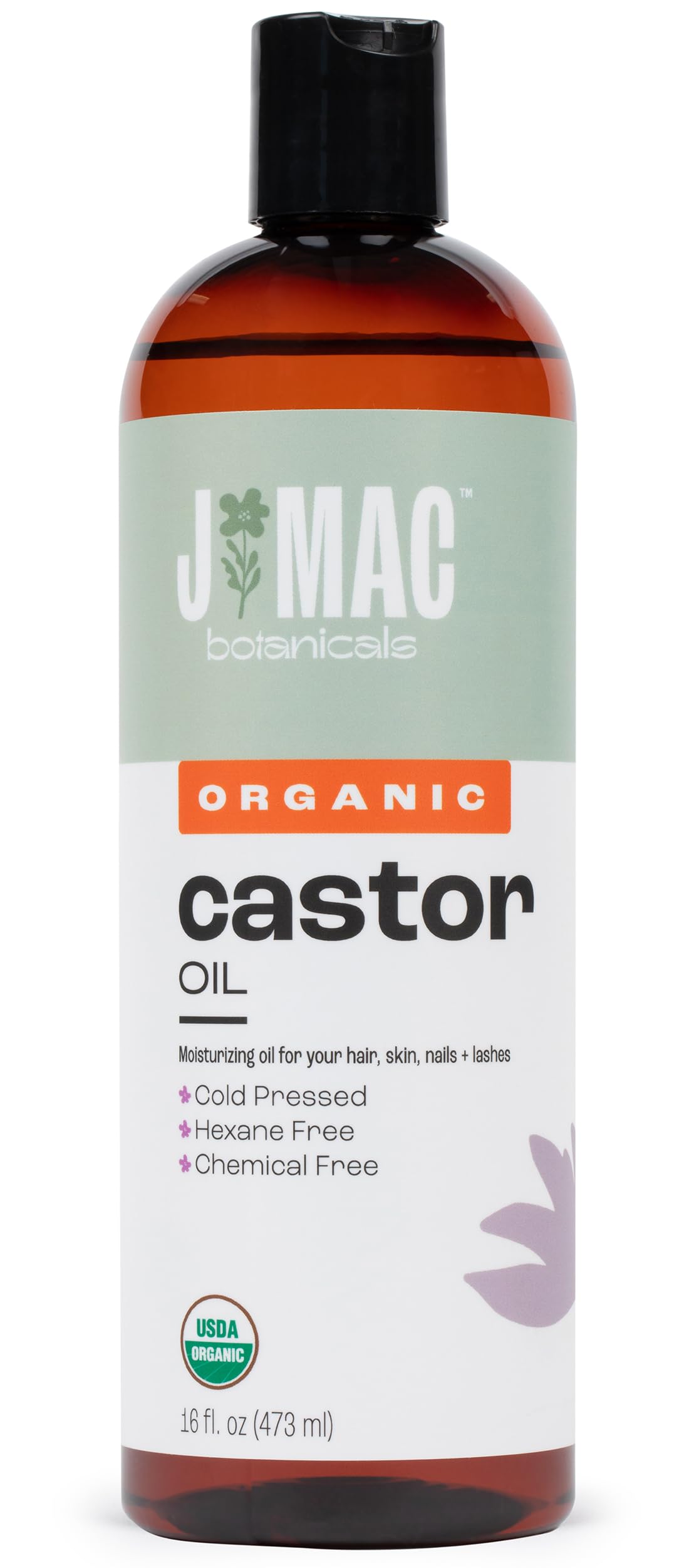 J MAC BOTANICALS Organic Castor Oil, Cold Pressed (16 oz) BPA Free, hexane free, for face, skin, eyelashes, Certified USDA Organic