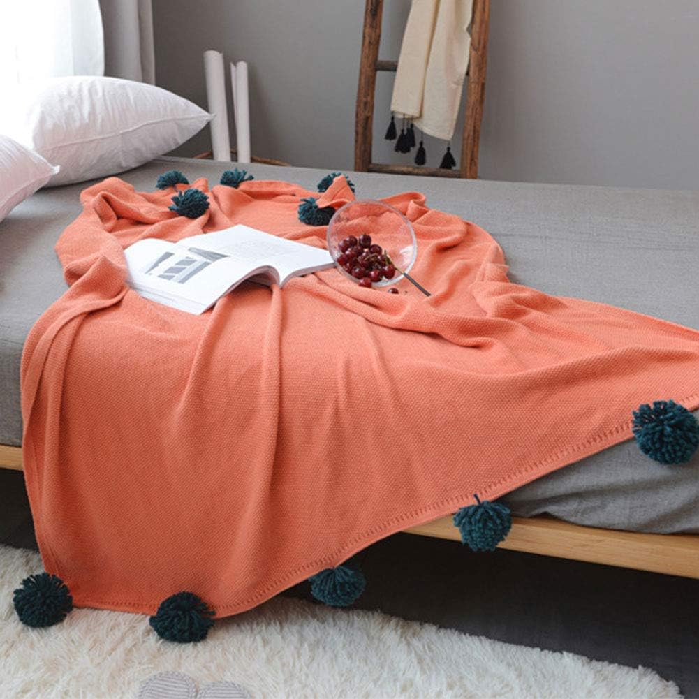 LINAG Blanket Soft Warm Cozy for Girl or boy, Pompoms Fringe Knitted Lightweight Bed Throw Blanket, Crochet Throw Blanket for Crib, Stroller, Travel, Outdoor, Decorative,Orange,130 * 160cm