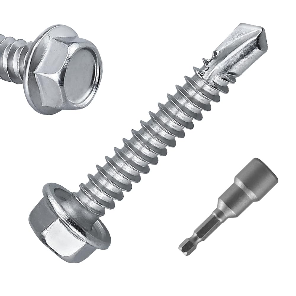 Photo 1 of 100-pack #8 x 1 Hex Washer Head Self Drilling Screws, Rust-Resistant 410 Stainless Steel Sheet Metal Screws, Includes Bit