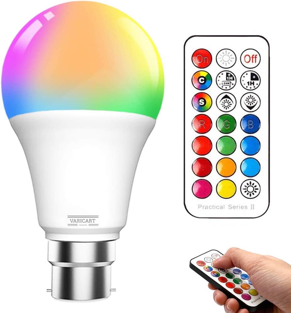 VARICART B22 10W Colour Changing Light Bulb Dimmable, LED Bulbs Bayonet with Remote, RGB + Warm White 3000K