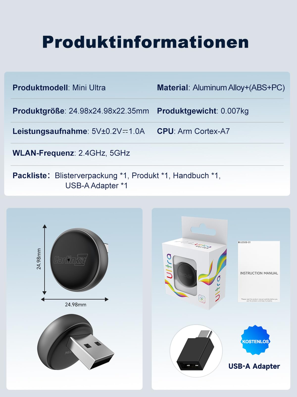 Carlinkit Mini Ultra Wireless CarPlay & Android Auto Adapter, Konvertieren Sie werkseitig kabelgebunden auf Wireless, USB-A/USB-C Schnelle Verbindung für iOS 10+ & Android 11+, Plug & Play Car Play 8