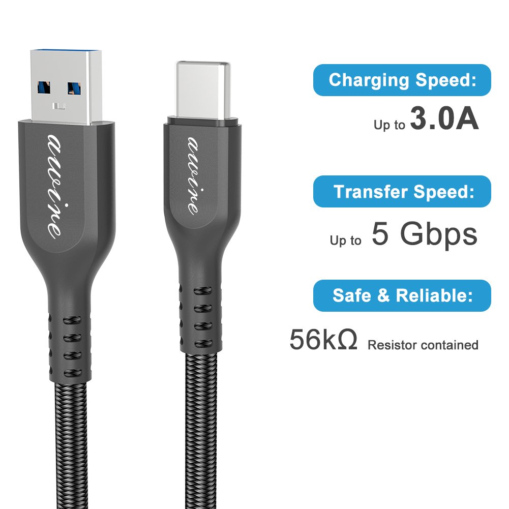 USB Type C Cable,Awire USB-C to USB 3.0 Nylon Braided Fast Charger Cord(3.3ft) for Galaxy S8 S8 Plus,Nexus 5X 6P,LG G6 V20 G5,Lumia 950 950XL,HTC 10,ZTE Zmax Pro,MacBook,Nintendo Switch (Black)