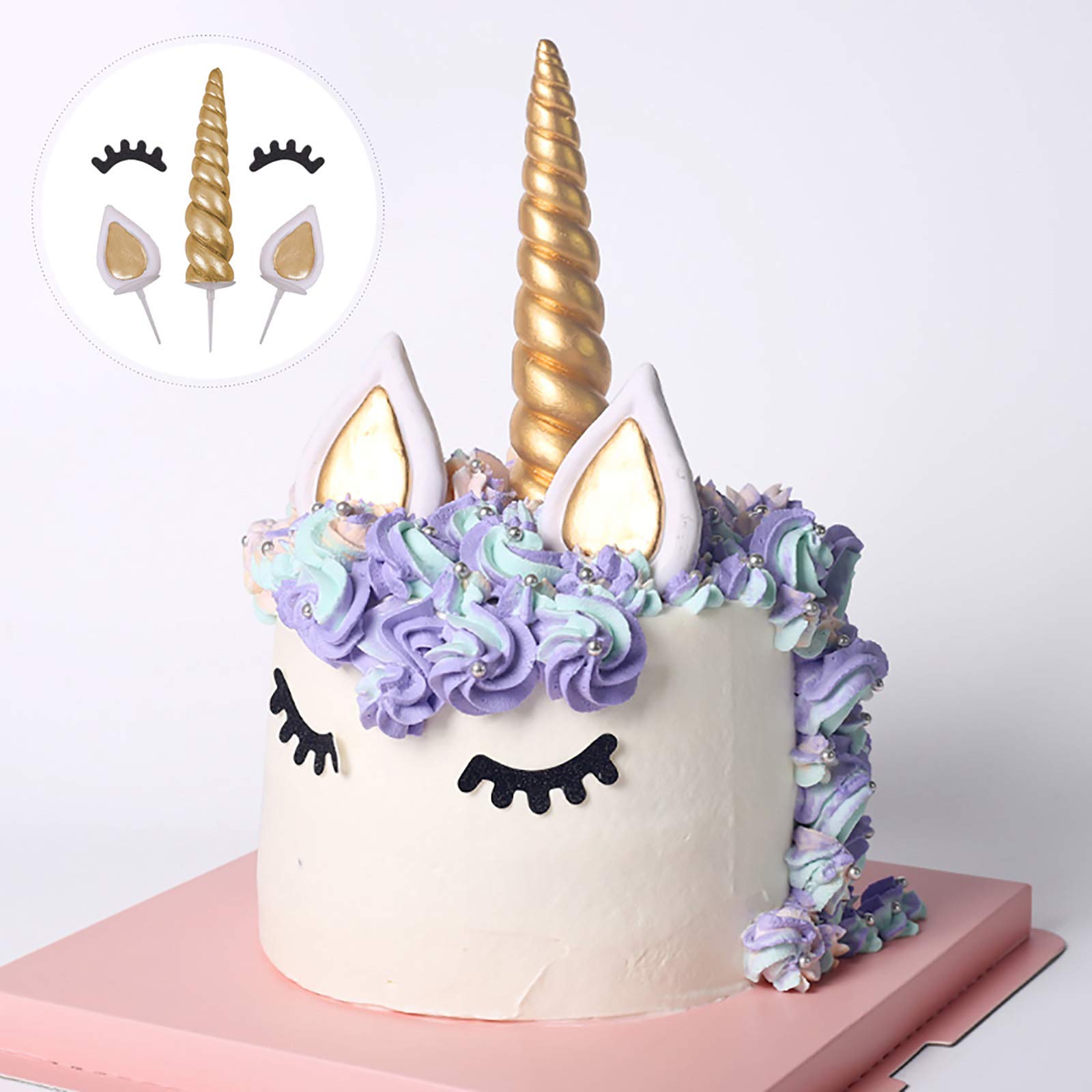 Opret Unicorn Cake Topper, Handmade Gold Unicorn Cake Decoration Reusable Unicorn Horn, Ears and Eyelashes for Birthday Cake