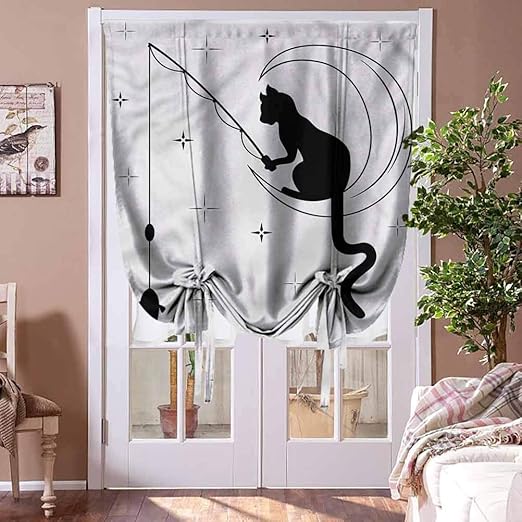 Amazon Com Houselookhome Roman Shades Blinds Curtain Modern Light Block Curtain Drape Fishing Kitty On Moon Art For Study Room Decor Rod Pocket Panel 42 W X 72 L Home Kitchen