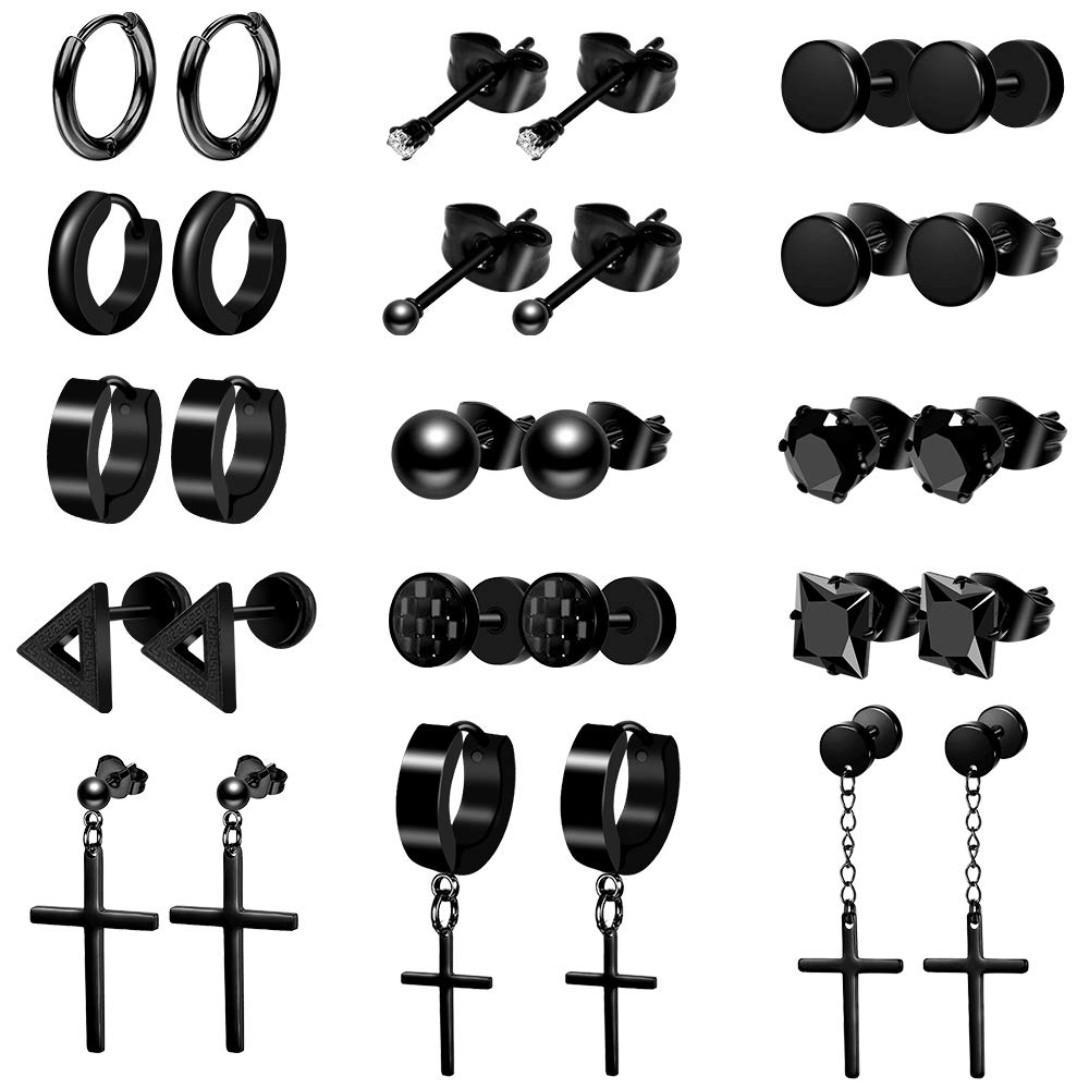 Defrsk 15 Pairs Earrings for Men/Women Black Stud Earrings Mens Earrings Black Thin Hoop Earrings Stainless Steel Earrings Set Jewelry Piercings for Men