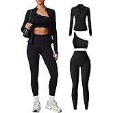 Coume Women 3 Piece Seamless Workout Set Gym Yoga Sports Bra High Waisted Leggings Zip Up Jacket with Thumbhole Activewear