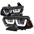 SPEC-D TUNING Dual Halo LED Black Projector Headlights Compatible with 2011-2014 Dodge Charger, Left + Right Pair Headlamps Assembly