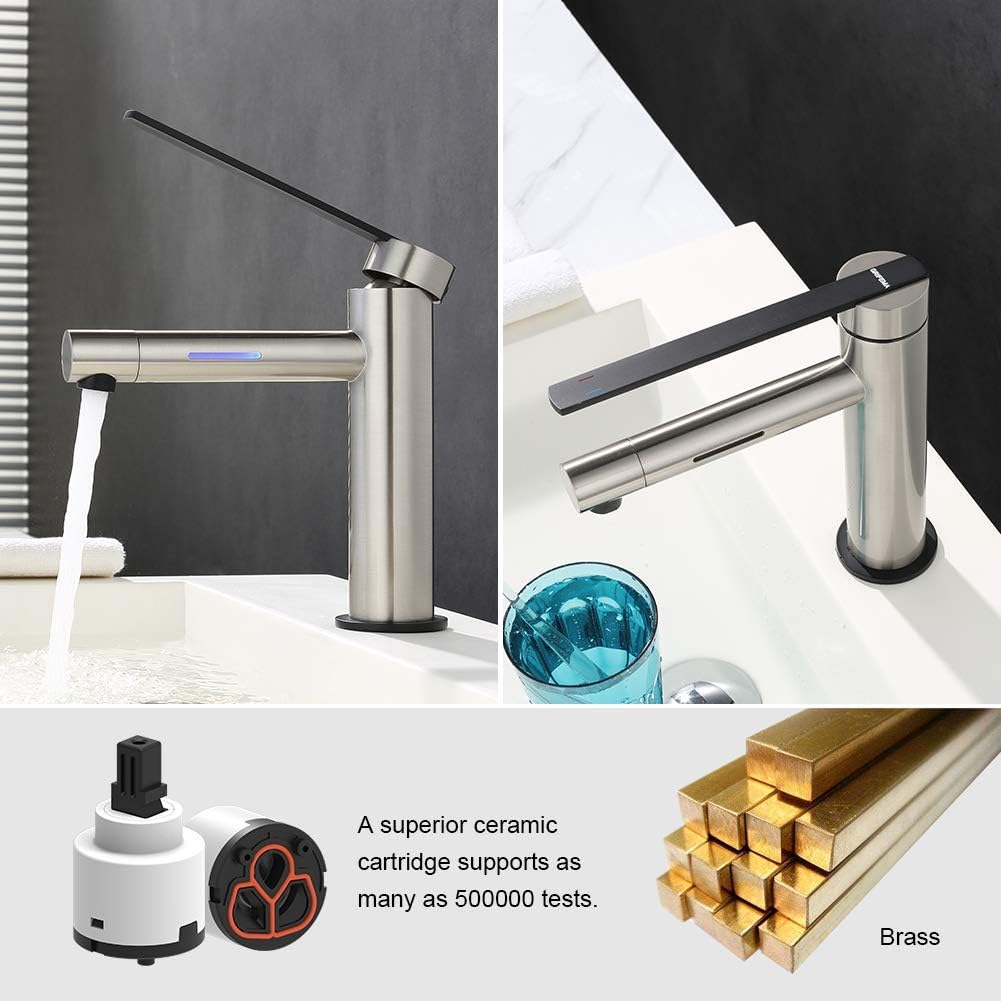 GRIFEMA Dover, LED Bathroom Basin Mixer Tap with 2 Colors Changing, Nickel Brushed, Grey - Image 5