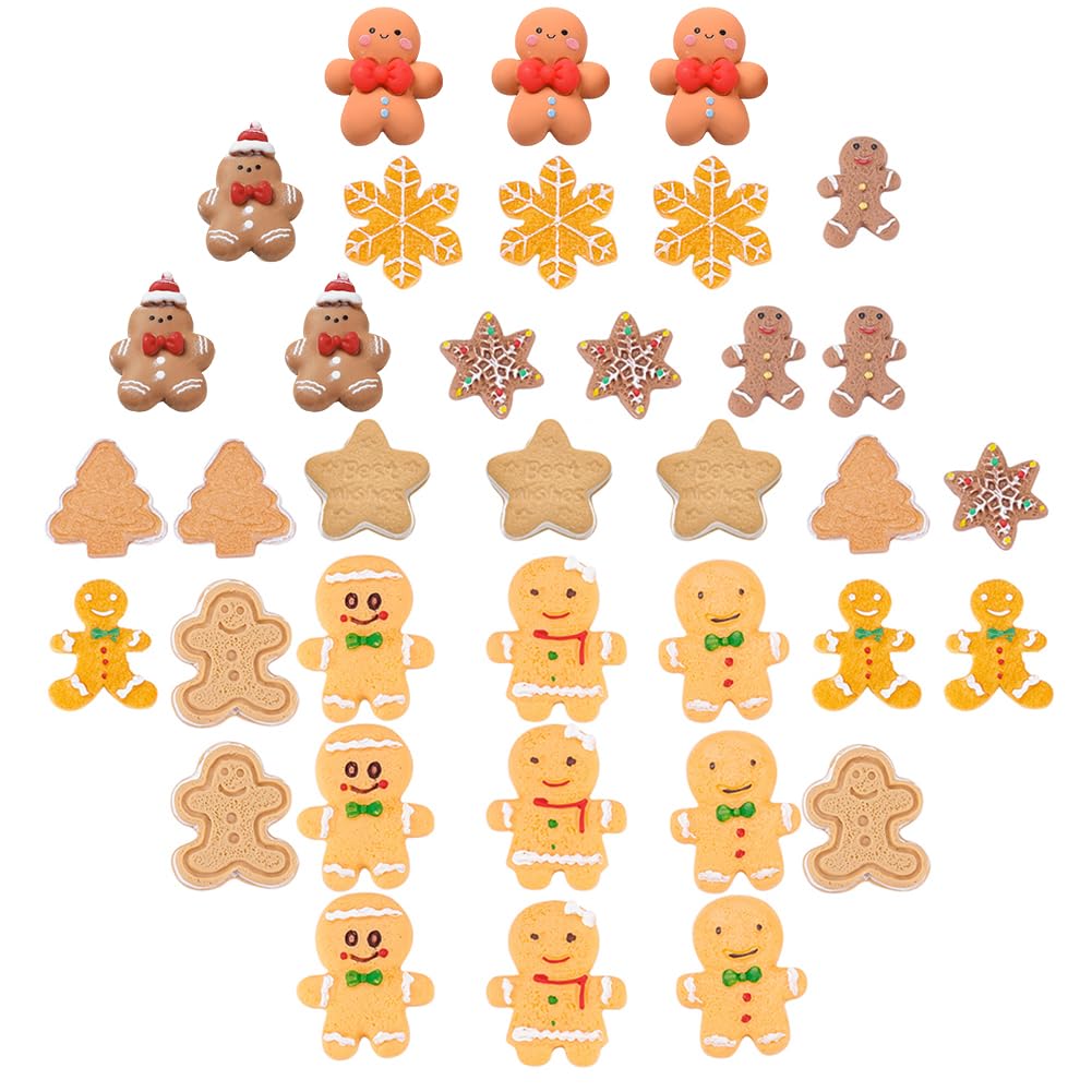 SUNNYCLUE 1 Box 36Pcs 12 Styles Christmas Theme Resin Cabochons Flatback Gingerbread Man Biscuits Tree Snowman Snowflake Ornaments Charms for Cardmaking Scrapbooking Hair Clips Accessories Crafts