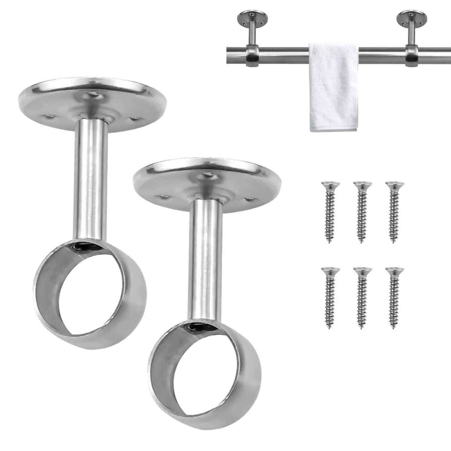 Lulullaby 2 Pcs 22mm Clothes Hanging Rod Holder, Ceiling-Mount Bracket, Stainless Steel Wardrobe Tube Support Bracket, Shower Curtain Closet Wardrobe Rod Lever Support Holder Pipe with Screws Plug