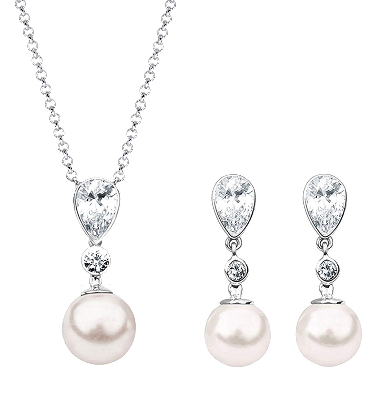 Jewellery Set with White Pearls and Crystals Made of 925 Sterling Silver, SIS-002