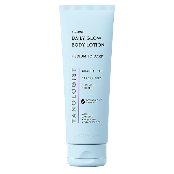 TANOLOGIST FIRMING DAILY GLOW BODY LOTION- MEDIUM/DARK, FAST-DEVELOPING, TRANSFER-PROOF GRADUAL SELF TANNER, SUMMER SCENT, NATURAL NOT ORANGE, LASTS 7 DAYS, VEGAN FORMULA, 8.45 FL OZ