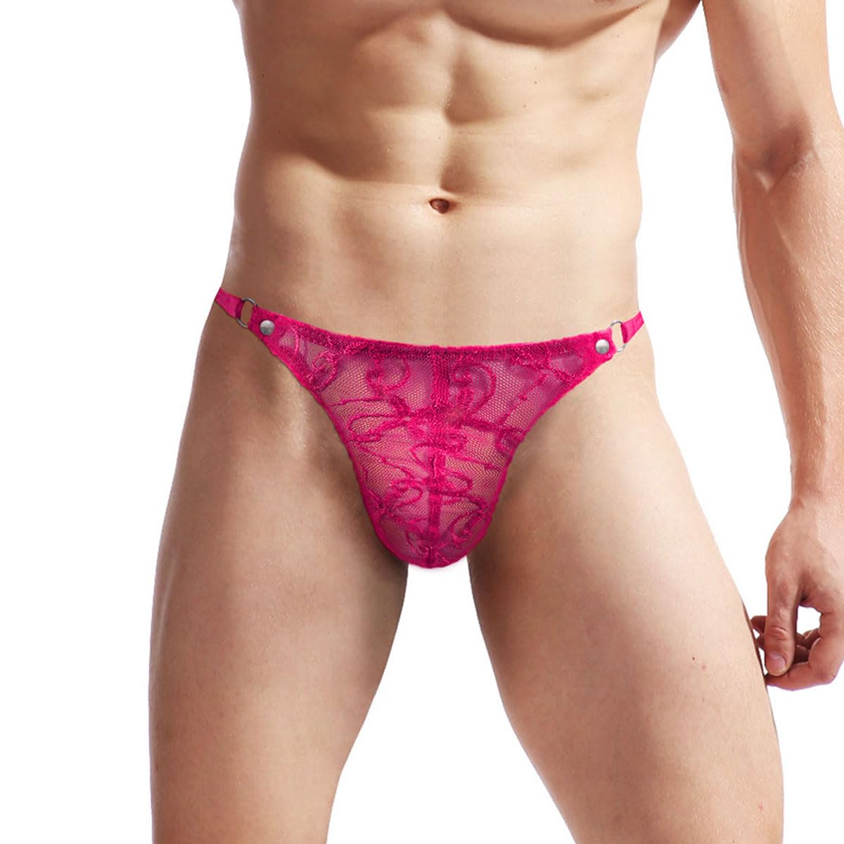 VemeFufu Men's Thong Lace Underwear Mankini G-String for Men UK Hot Funny Briefs Triangle Low Rise Stretchy Underpants Lingerie Costume 1 Pack RoseRed
