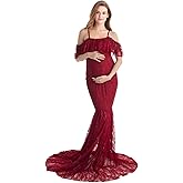 HIHCBF Women Lace Maternity Mermaid Gown Off Shoulder Ruffle Spaghetti Straps Fitted Photo Shoot Wedding Baby Shower Dress