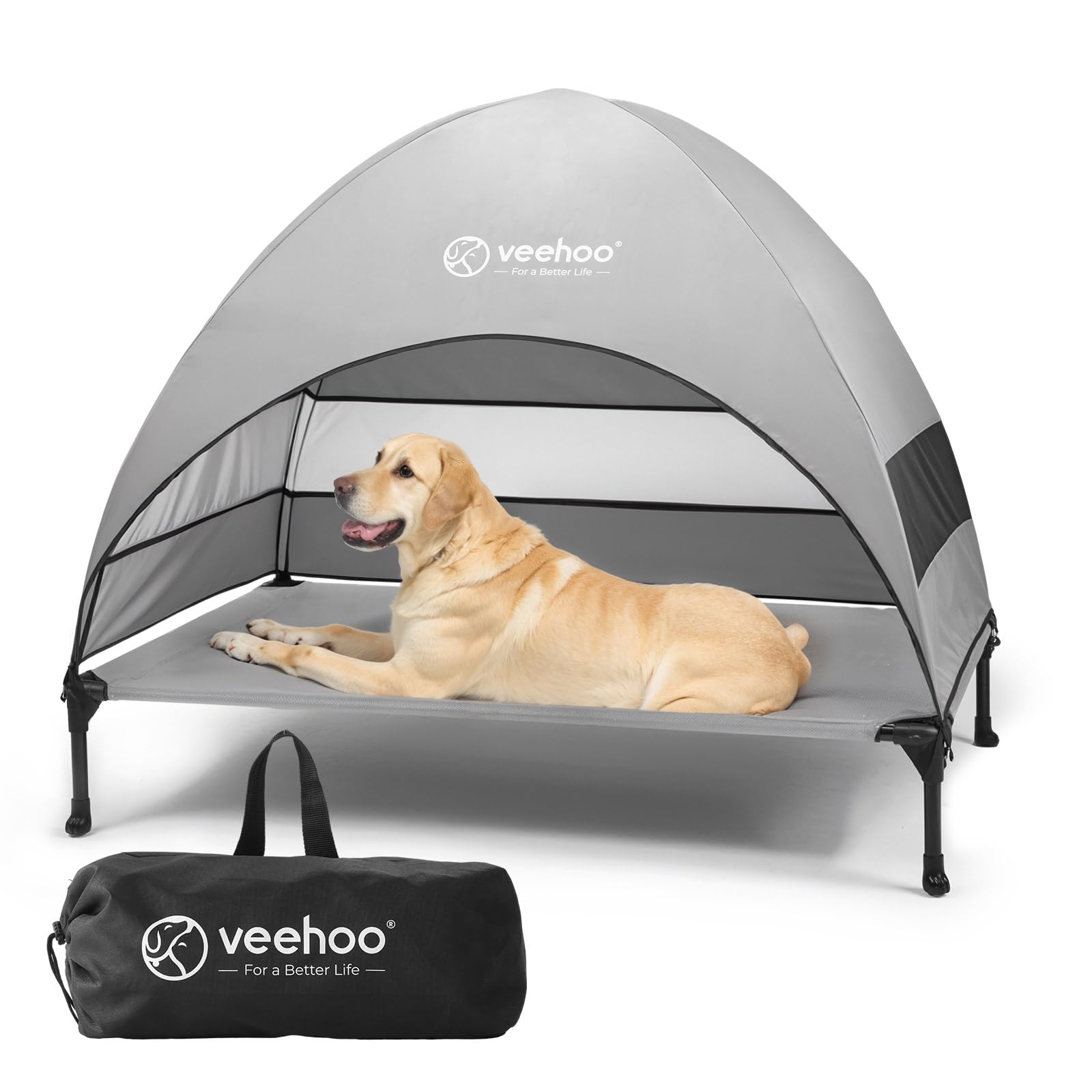 Photo 1 of Veehoo Outdoor Dog Bed with Canopy, Cooling Elevated Pet Cot with Removable Shade, Non-Slip Feet, Raised Dog Cot for Large Dogs, Pet Tent Bed for Camping, Beach, Large, Grey, CWC2411