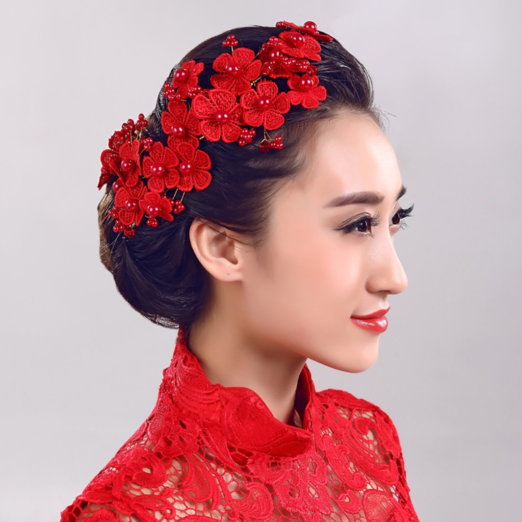 Zgp Headdress Crown Flowers Wreath Red Flowers Pearl Handmade