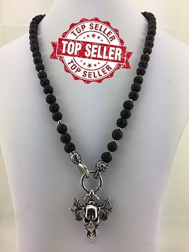 Halskette Y-Kette Rosenkranz BLACK Lava, für Herren Männer Schmuck schwarz mit oder ohne Anhänger, Totenkopf Skull Schädel Kr