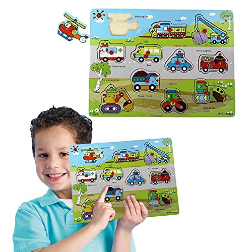 Toy Cubby Kids Toddler Wooden Pegged Vehicle Puzzle Board Set- 2 to 3 inches Vehicles Puzzle Piece