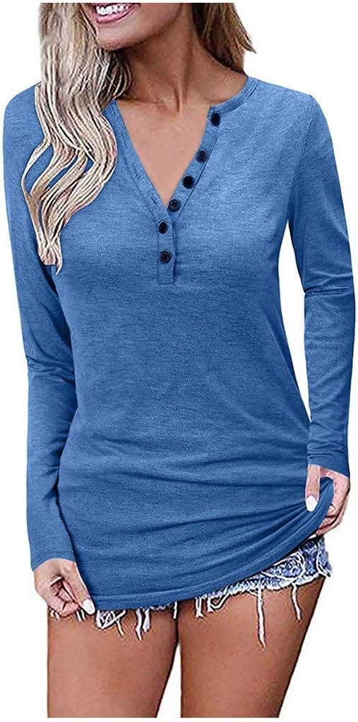 DESIBA Women's Longsleeve V-Neck Button Plain Tops Blouse T-Shirt Sweatshirt Basic Loose Casual Tunic Tops
