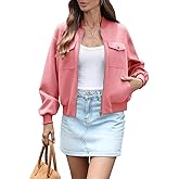 AMZANGEL Women's Zip up Bomber Jacket Cropped Oversize Long Sleeve Drop Shoulder Casual Jackets with 4 Pockets