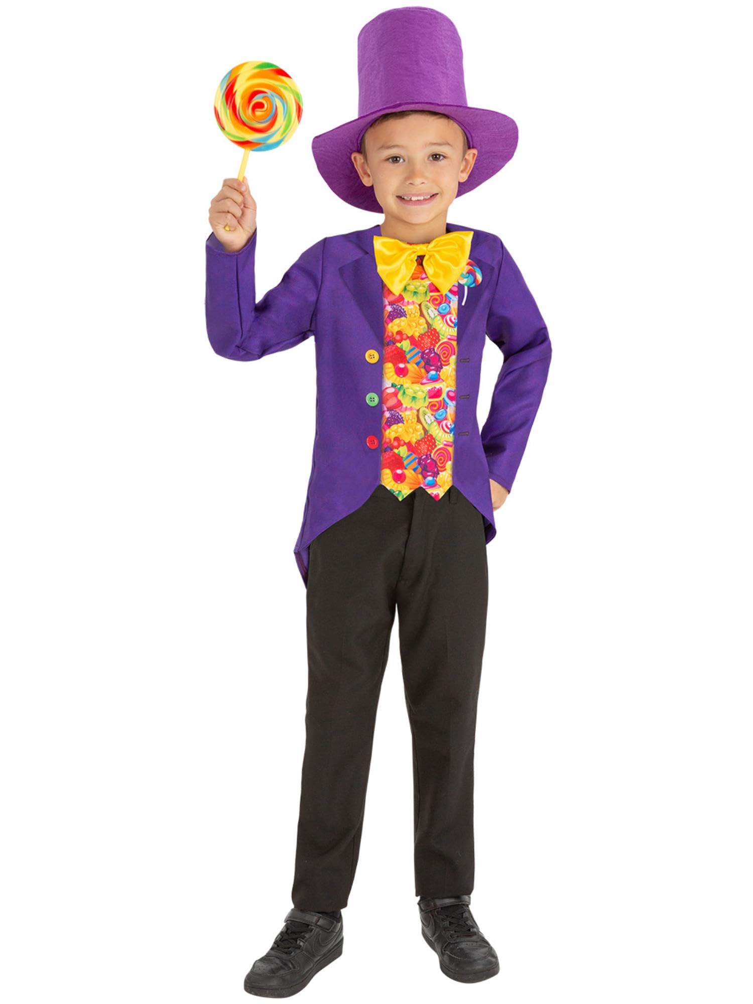 Smiffys Kids Candy Man Costume, Boys Fancy Dress with Mock Jacket, 3D Bow Tie and Purple Top Hat, Book Character Outfit for World Book Day and Parties