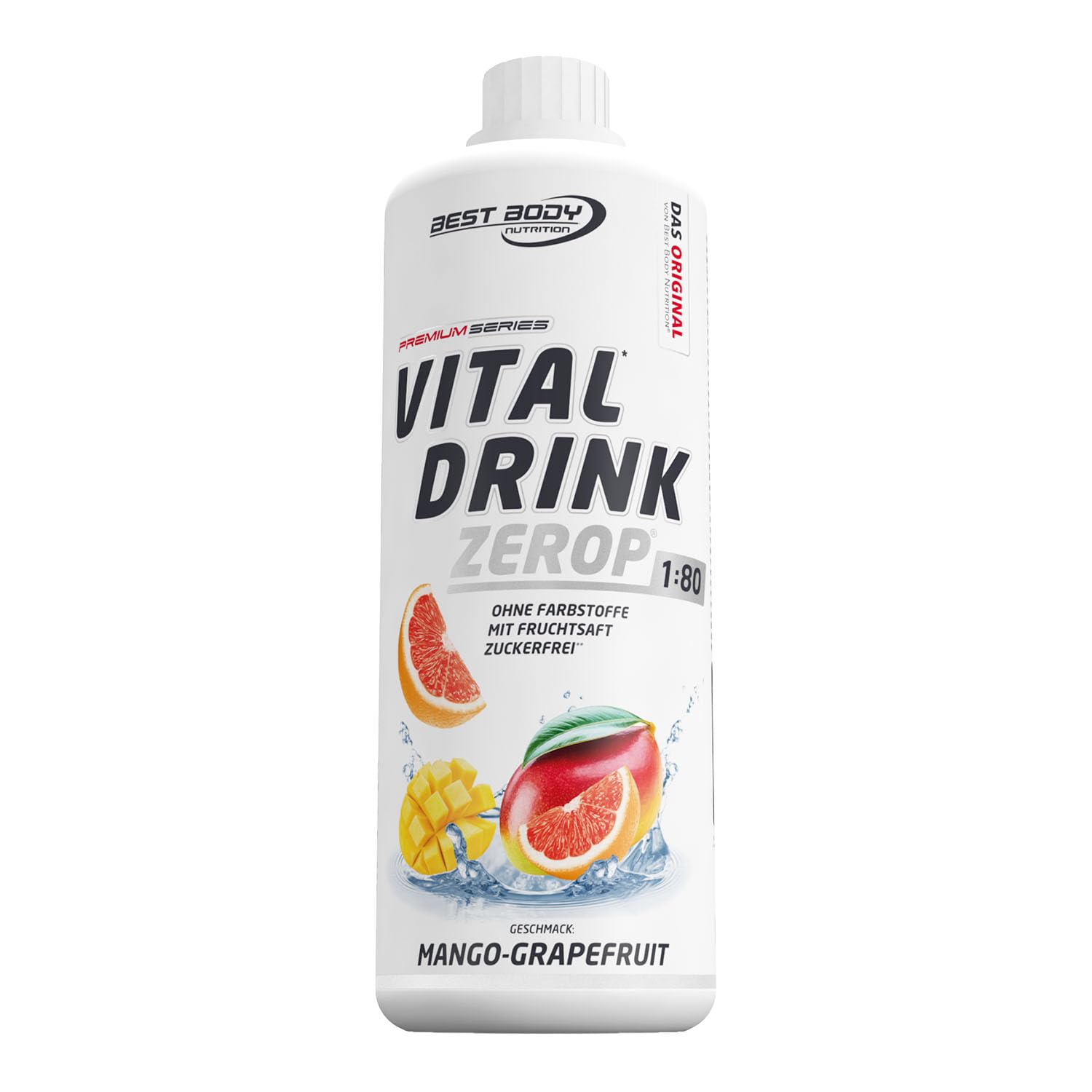 Best Body Nutrition ZEROP Vital Zuckerfreies Getränkekonzentrat Sirup Mango Grapefruit Ohne Aspartam 1 L ergibt 80 L Getränk Fitness Drink mit Vitaminen B1 B6 Niacin Kalorienarm Wassersprudler