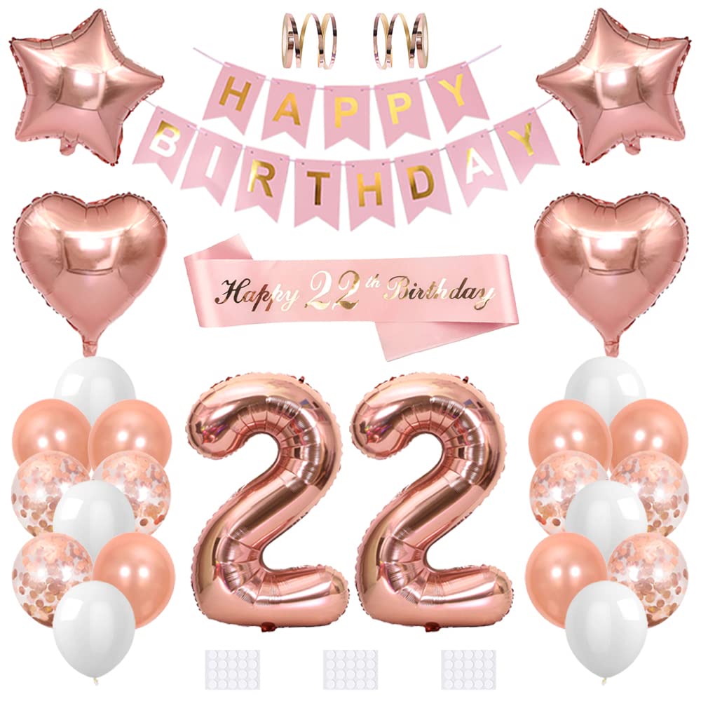 Xihuimay 22nd Birthday Decoration - Happy Birthday Banner Flag, Party Supplies with Number 22 Sash, Balloons (Star, Heart), Confetti, Latex & Helium Balloons in Rose Gold