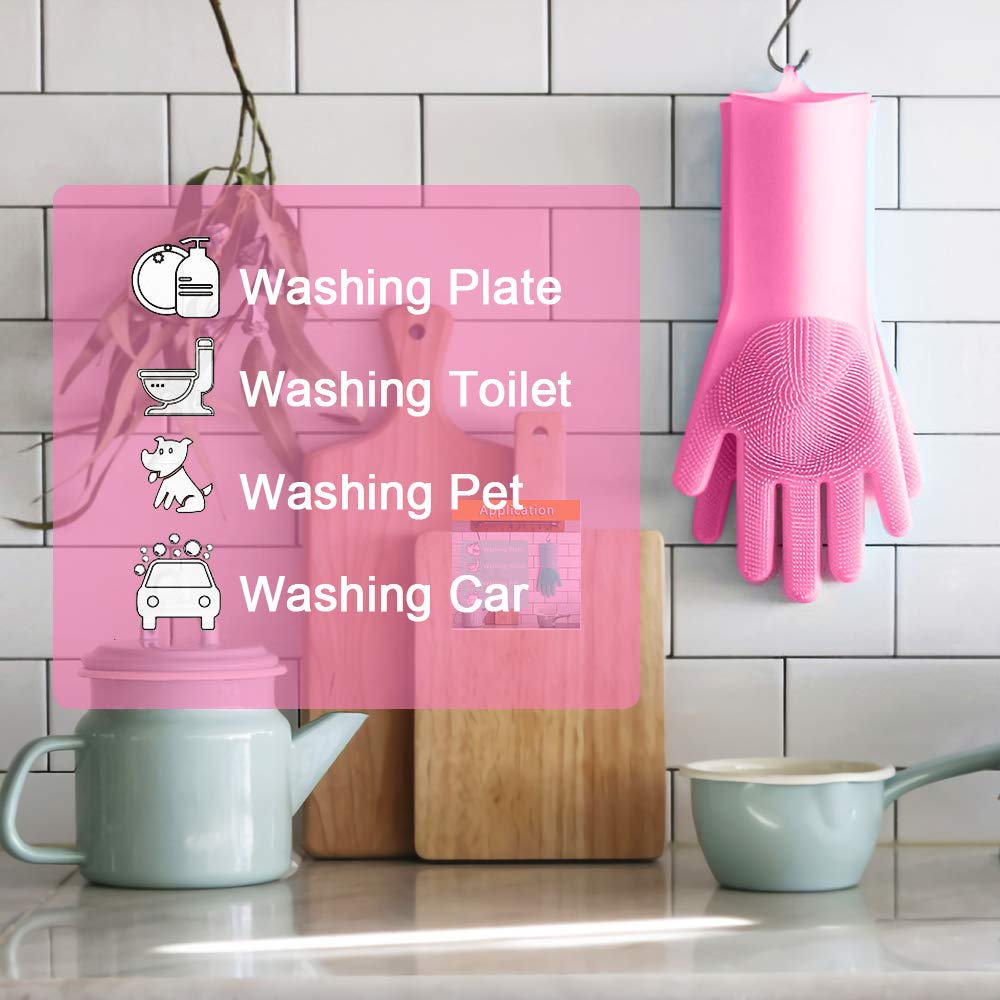 2Pcs Magic Silicone Gloves with Wash Scrubber Reusable Silicone Glove Brush Pair Heat Resistant For Cleaning Washing Dishes Cooking Grilling Car Wash and Pet Care Pink