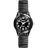 JewelryWe Women Elastic Band Watch: Analog Quartz All Black Stretchable Strap Watches Easy Reader Wristwatch for Mother's Day