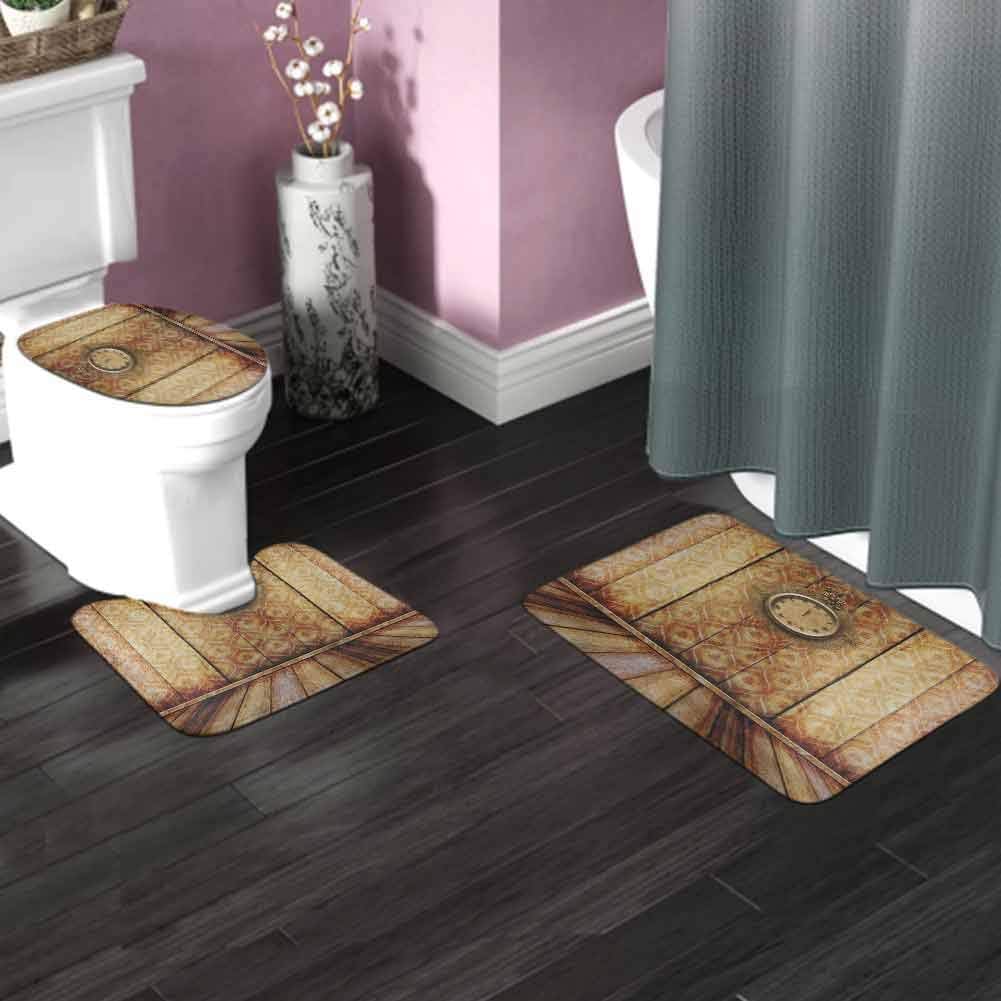 Victorian 3Piece NonSlip Bath Mat Rug Set Antique Clock on Medieval