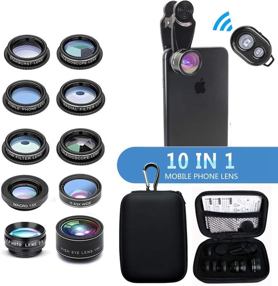 Cell Phone Camera Lens Kit,10 in1 Clip on Phone Lens Zoom Telephoto Lens +Fisheye lens +Wide Angle & Macro Lens +CPL +Kaleidoscope +Starburst Lens for iPhone x 8 8plus Samsung S8 and most Smartphone