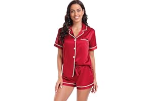 Serenedelicacy Women's Satin Pajama Set 2-Piece Sleepwear Loungewear Button Down Short Sleeve Silky PJ Set