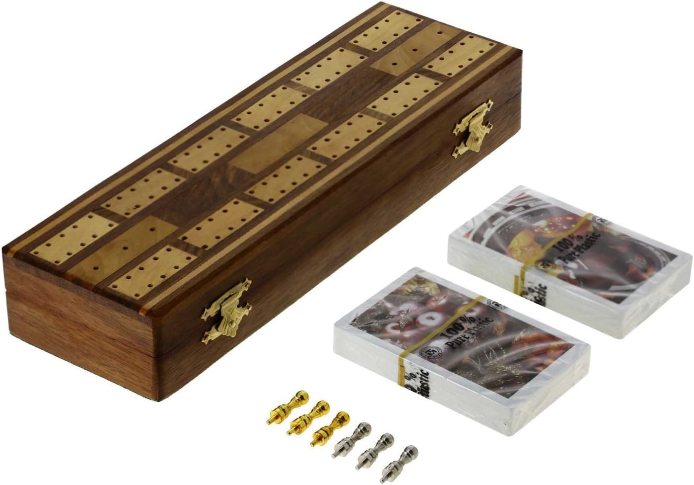 IBLAY Cribbage Boards with Storage Unique Metal Pegs and 2 Playing Cards Game Gift Set Box