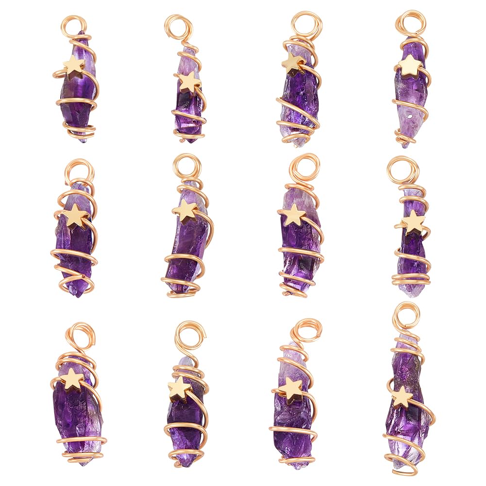 FINGERINSPIRE 12Pcs Natural Amethyst Crystal Pendant Gold Plated Wire Wrapped Crystal Gemstones Pendant with Star Decorations Healing Stones Pendant Charms for Necklaces Earrings Jewelry Making