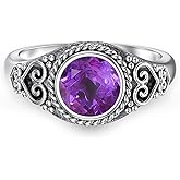 DOTOUJOUR Natural Amethyst Promise Ring for Women 7mm Round Shaped Healing Amethyst Rings 925 Sterling Silver