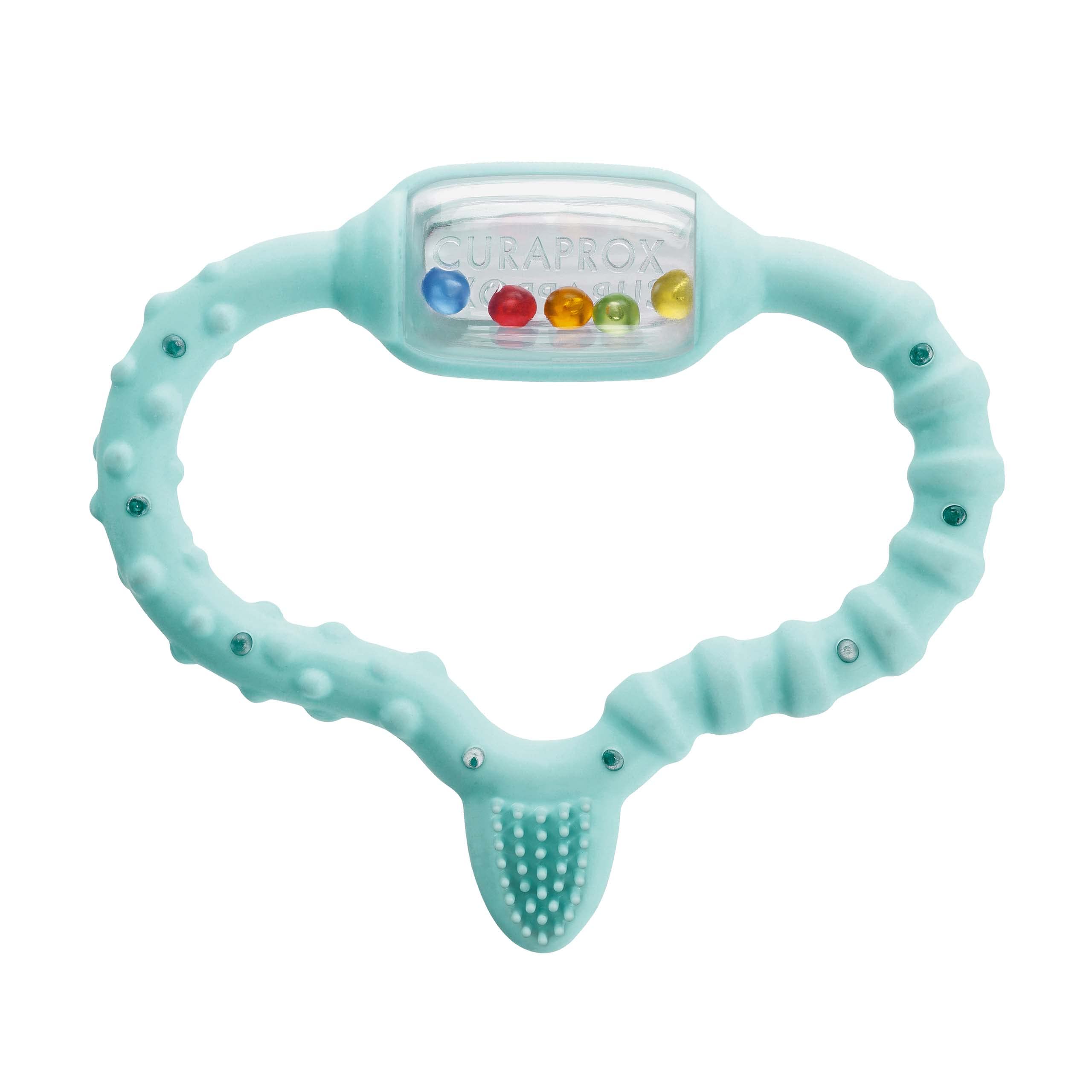 Curaprox Baby Teething Ring – for Infants 0–24 Months | Eases Teething Discomfort & Stimulates Sensory Development | BPA-Free, Turquoise, with Training Toothbrush | Made in Switzerland
