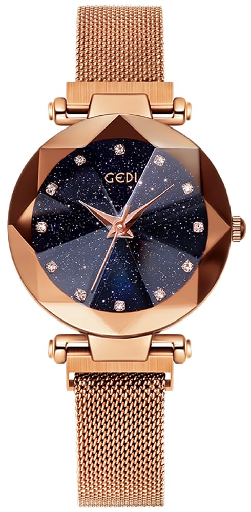 Women's Stainless Steel Quartz Watch with Magnetic Mesh Strap Waterproof Starry Dial - Rose Gold
