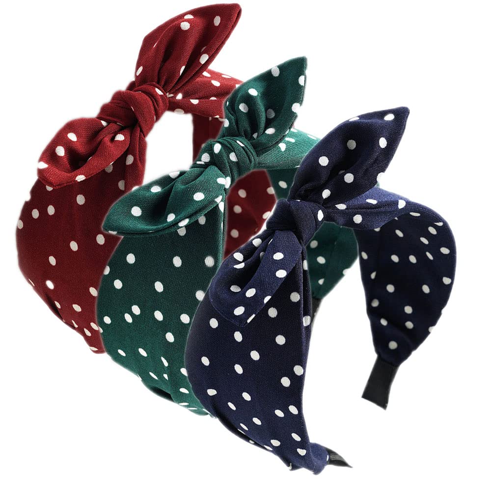 3PCS Headbands for Women's Hair Boho Wrap Tie Fashion Hairbands Elastic Twist Hair Scarf Pretty Bow Tie Hair Bands Wide Alice Hair Bands for Women Uk and Girls (PolkaBow)