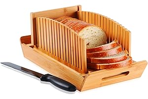 KISS CORE Premium Bamboo Bread Slicer with Serrated Knife Crumb Tray for Homemade Bread Foldable and Compact Loaf Cutter 3 Size Slicing Guide