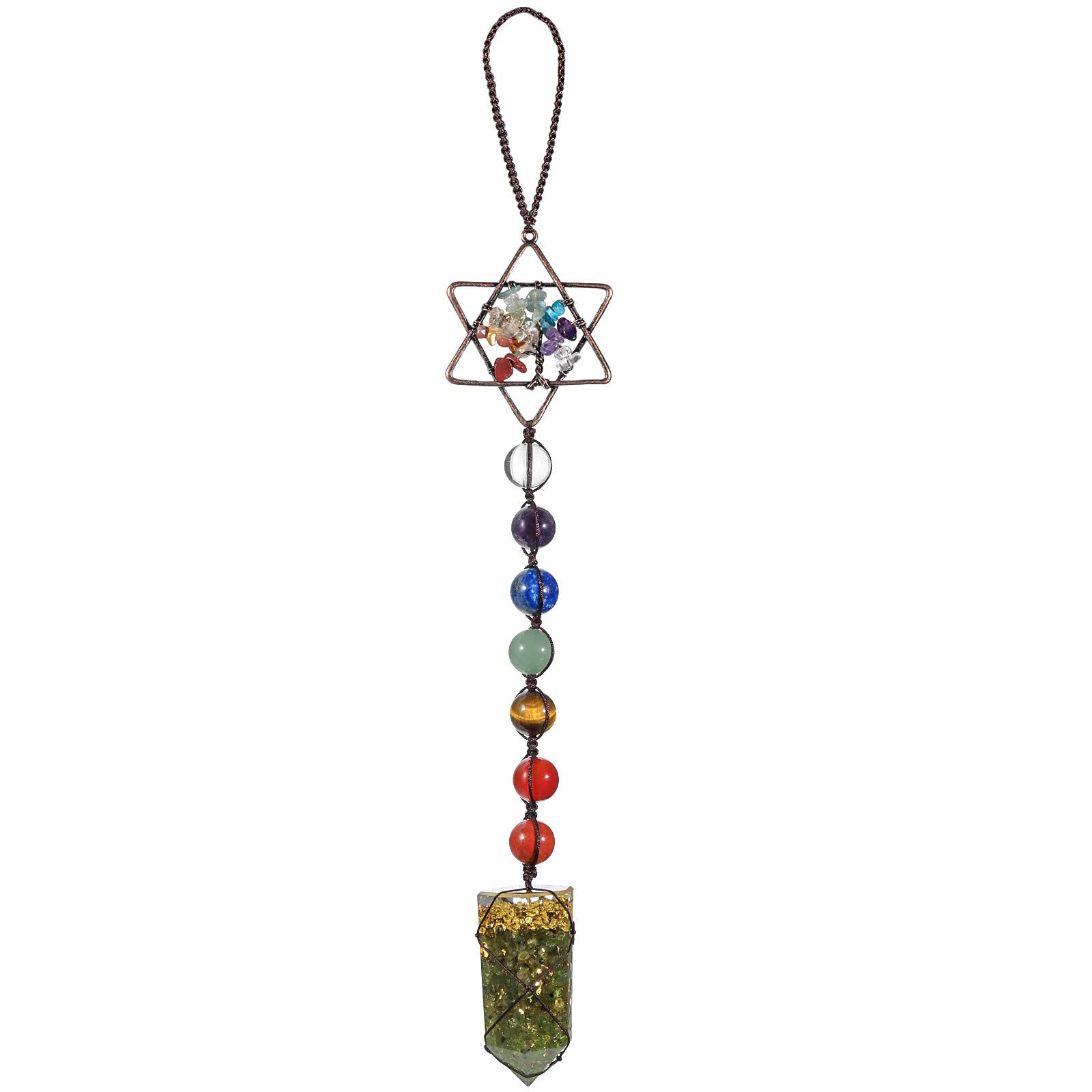 mookaitedecor Hexagram Tree of Life Hanging Ornament, 7 Chakra Healing Stones with Peridot Crystal Wand for Home Car Decoration, Total Length 11"/28cm