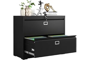 VIYET Lateral File Cabinet with Lock,2 Drawer Metal Filing Cabinets, Home Office Storage Cabinet for Hanging Files Letter/Legal/F4/A4 (Black)