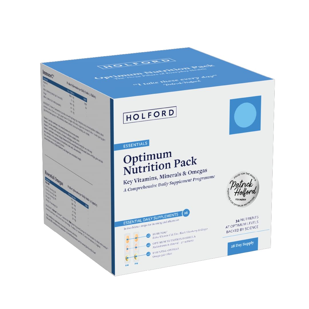 Patrick HOLFORD Optimum Nutrition Pack/A Comprehensive Daily Supplement Programme/Vitamins, Minerals and Omegas in 2 Daily Blister Strips / 34 Nutrients in 3 Supplements/for Women & Men