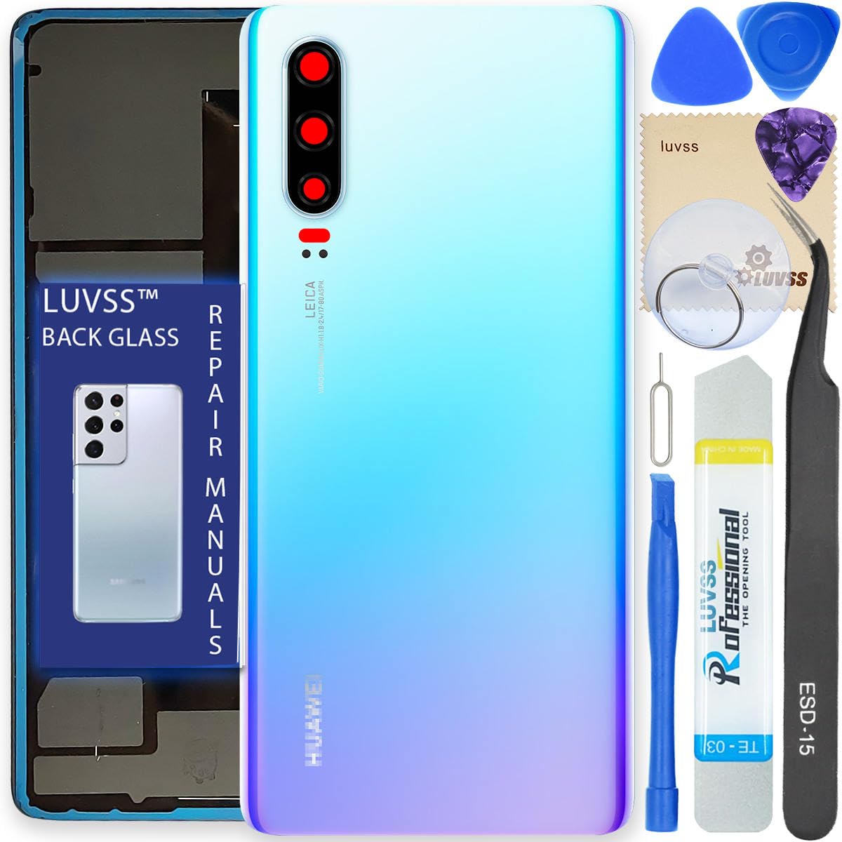 LUVSS Back Glass Cover Replacement Compitable for Huawei P30 Rear Cover + Camera Lens + Repair Manual DIY Tools Kit (Crystal)
