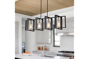 9MMML 35.4" Kitchen Island Lighting Fixture, Dining Room 4 Lights Chandeliers, Black Wood+Metal Pendant Light for Foyer Hallway Living Room