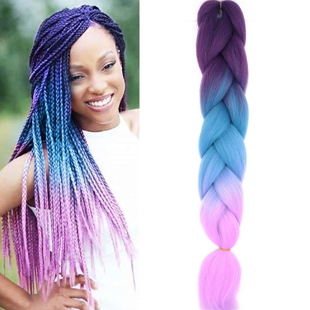 24" Braiding Hair Extension Jumbo Braids Synthetic Crochet Hair Afro Box Braid Heat Resistent (Purple&Lake Blue&Light Purple)