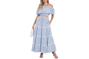 HUUSA 2025 Summer 2 Piece Boho Outfits for Women Short Sleeve Off Shoulder Crop Top and High Waist Flowy Long Skirt Set