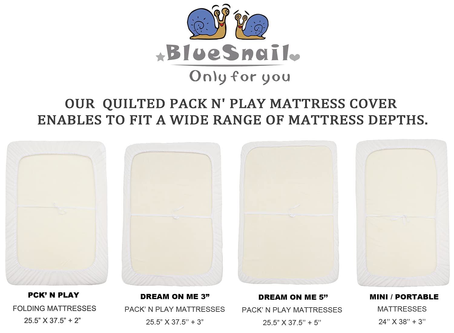 BlueSnail Quilted Waterproof Pack N Play Mattress Fitted Cover for Tollder, Portable Mini Crib Sheet, Comfortable and Breathable Playard Sheet (Snow White)