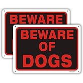 Beware of Dog Sign (2 Pack) 10”x7” 0.40 Rust Free Aluminum Metal Reflective Sign Pre-Drilled Holes for Easy Mounting UV Coati